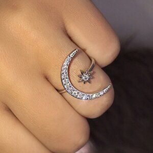 NEW STERLING SILVER RING DIAMOND MOON STAR RING ADJUSTABLE RING